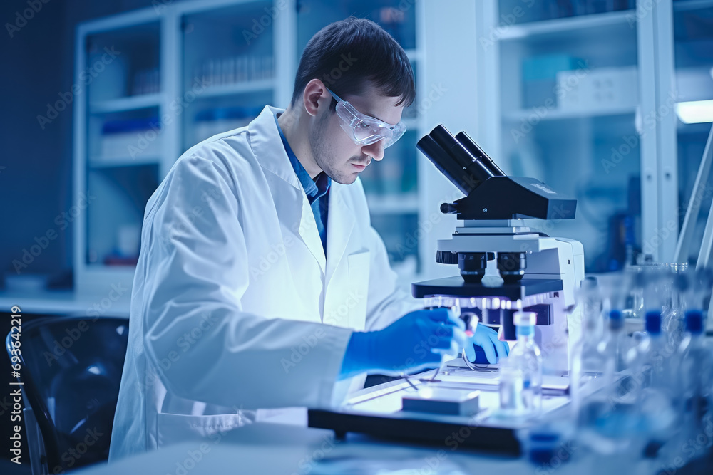 scientist working with microscope in laboratory. science research and development concept. scientist working with microscope in laboratory. science research and development concept.