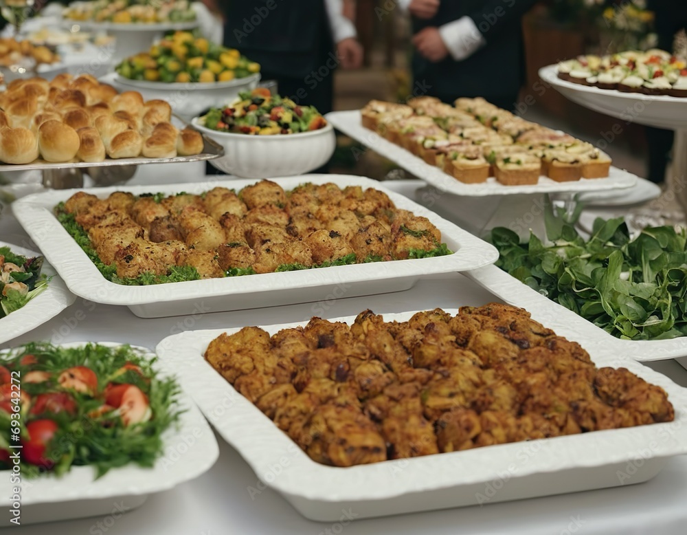 Catering wedding buffet for events. Wedding Reception Buffet Food. Buffet Table with dishware waiting for guests.