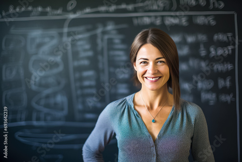 Portrait of a smiling teacher standing in front of a blackboard