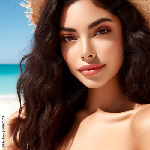 Mujer latina en playa paradisiaca