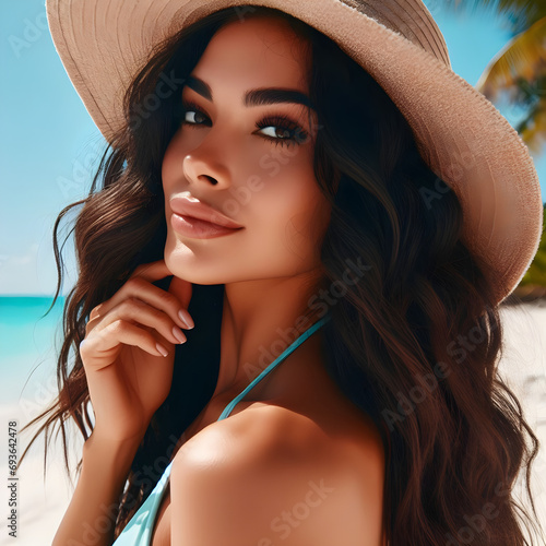 mujer latina en playa paradisiaca