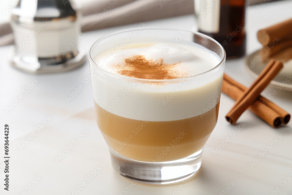 hot buttered rum drink with cinnamon and foam close-up. Classic traditional American drinks and hot cocktails in white minimal kitchen. hot buttered rum drink with cinnamon and foam close-up. Classic traditional American drinks and hot cocktails in white minimal kitchen.