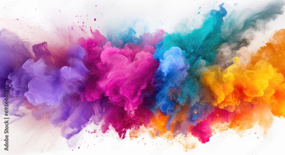 A colorful cloud of colored powder on a white background. Generative AI.