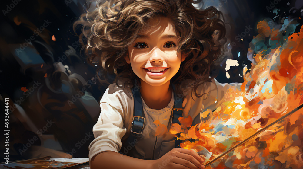 Fototapeta premium Visual representation of young child immersing herself in art-related activities, AI Generated