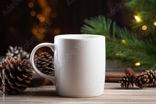 white cup with christmas decoration mock up, Space for design, logo or illustration photo