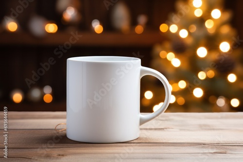 white cup with christmas decoration mock up, Space for design, logo or illustration photo