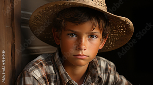 Young boy in cowboy hat wearing checked shirt, AI Generated