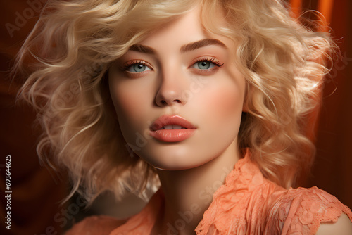 girlish makeup in peach cannon shades. A wonderful girl with excellent skin, curvy lips and blonde hair. a gentle feminine image.