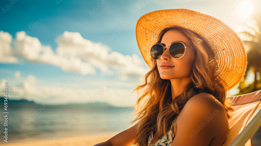 blonde woman with glasses and hat on the beach sunbathing