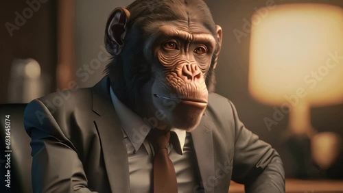 Animation of a monkey in a suit sitting at a desk
 photo