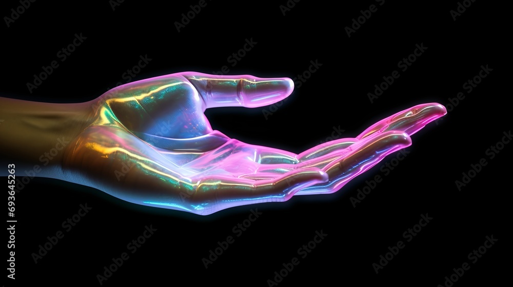 Iridescent Hand Reaching Out On Black Background.  (Generative AI).