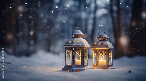 Christmas lanterns in snow field with winter forest background. Winter decoration background with Christmas tree and Christmas lights © Bossseh