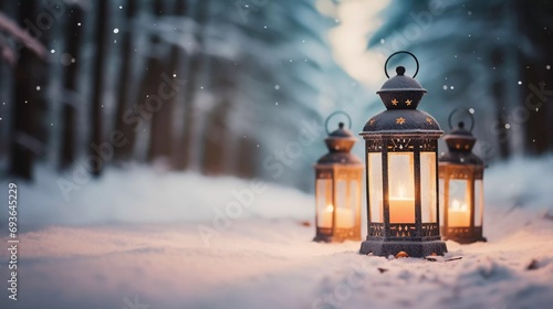 Christmas lanterns in snow field with winter forest background. Winter decoration background with Christmas tree and Christmas lights © Ahmad