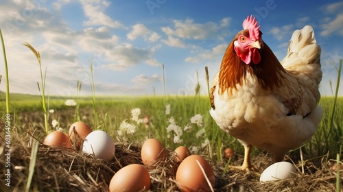 Fotografija Hen With Eggs On A Natural Meadow In Organic Farm