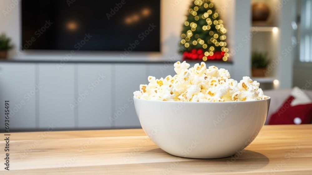 A festive bowl of popcorn sits on a table in front of a Christmas tree. Generative AI. A festive bowl of popcorn sits on a table in front of a Christmas tree. Generative AI.