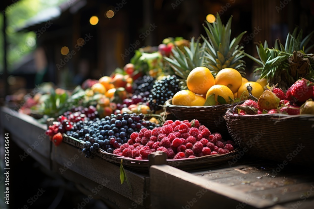 Local market with fresh acai mountains and tropical fruits of vibrant colors., generative IA
