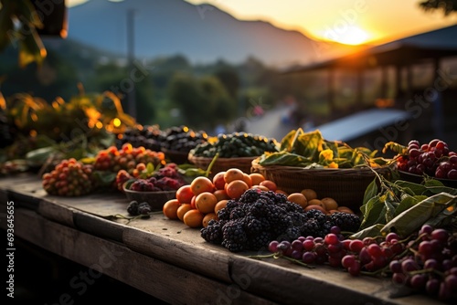 Local market with fresh acai mountains and tropical fruits of vibrant colors., generative IA photo