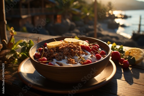 Acai bowl in a rustic cabin, capturing the authenticity by the sea., generative IA