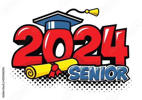 2024 class graduate header. Decorate congratulation for school graduates in comic cartoon style. Vector on transparent background