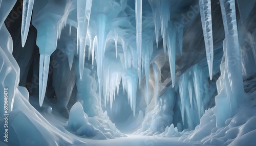 Ice Stalactites in Snowy Landscape, Generative AI photo