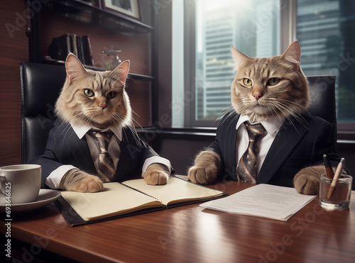 Cat manager and executive wearing a formal business suit in an office for a meeting or interview. Business and Corporate. Finance and Lawyer.  Thinking ideas. Success and win. Looking at camera. 
 photo