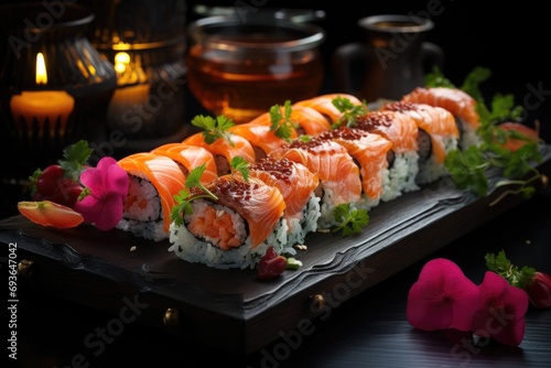 Bright bright march sushi served in a handcrafted piece of ceramic in a luxurious environment., generative IA