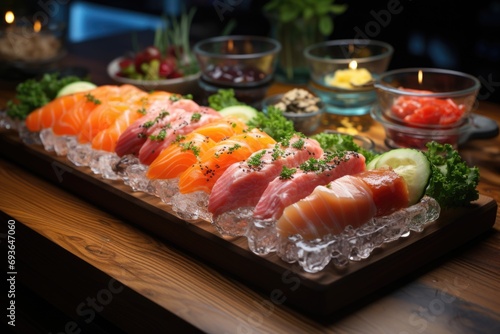 White fish sushi tray in a dark wood sushi counter in a luxury restaurant., generative IA