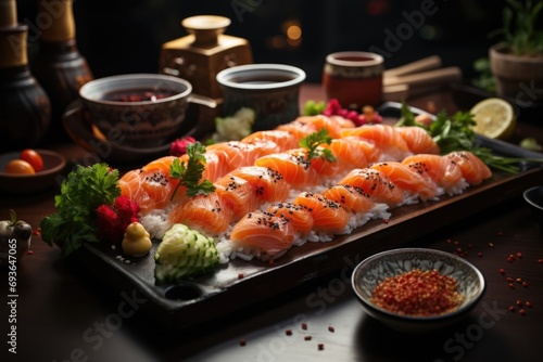 White fish sushi tray in a dark wood sushi counter in a luxury restaurant., generative IA