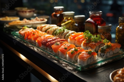 White fish sushi tray in a dark wood sushi counter in a sophisticated restaurant., generative IA