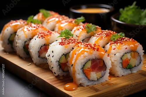 Tempura -style shrimp sushi on a stone plate in a Japanese fusion restaurant., generative IA