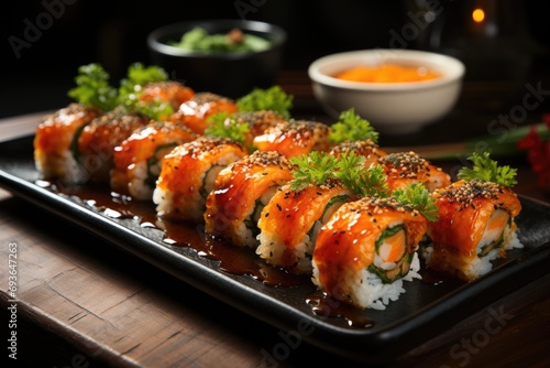 Tempura -style shrimp sushi on a stone plate in a Japanese fusion restaurant., generative IA