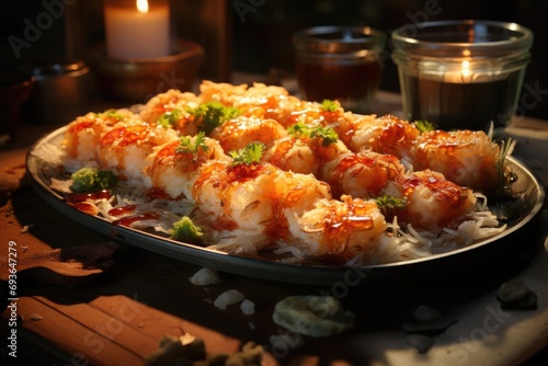 Tempura -style shrimp sushi on a stone plate in a lighted dining room., generative IA