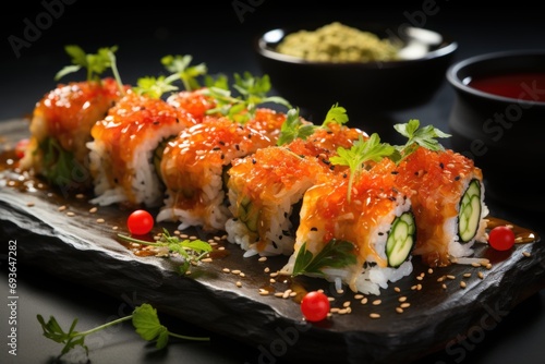 Tempura -style shrimp sushi on a stone plate in a contemporary restaurant., generative IA