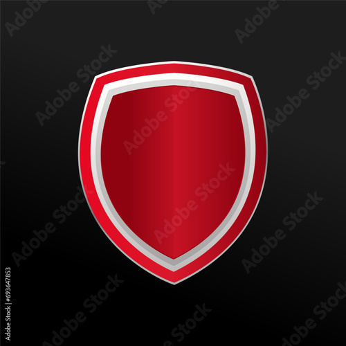 Guarantee label with Red Shield frame on black and white background. Dark glossy Sheild premium template. Vector design element luxury illustration