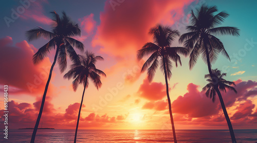 silhouette of palm trees on the sea coast with a colorful and vibrant sunset, retro style © Favio