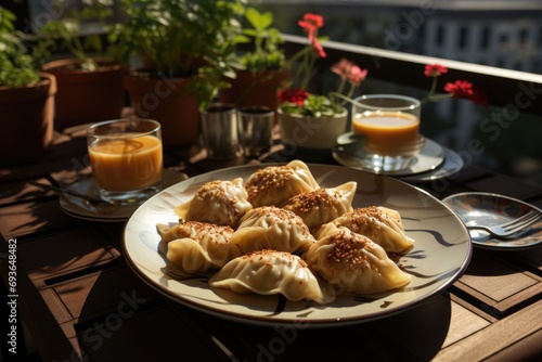 Oatmeal and bananas dumplings on a breakfast tray on a sunny balcony., generative IA