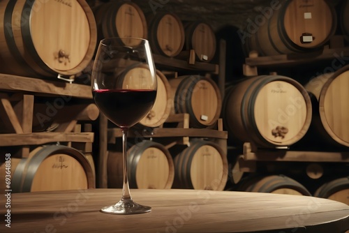 A glass of wine stands on the table against the background of barrels of wine in the cellar. To display a product with copy space.