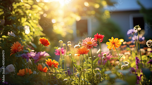 Summer beautiful backyard with vibrant wildflowers and warm sunlight with copy space © Nikodem