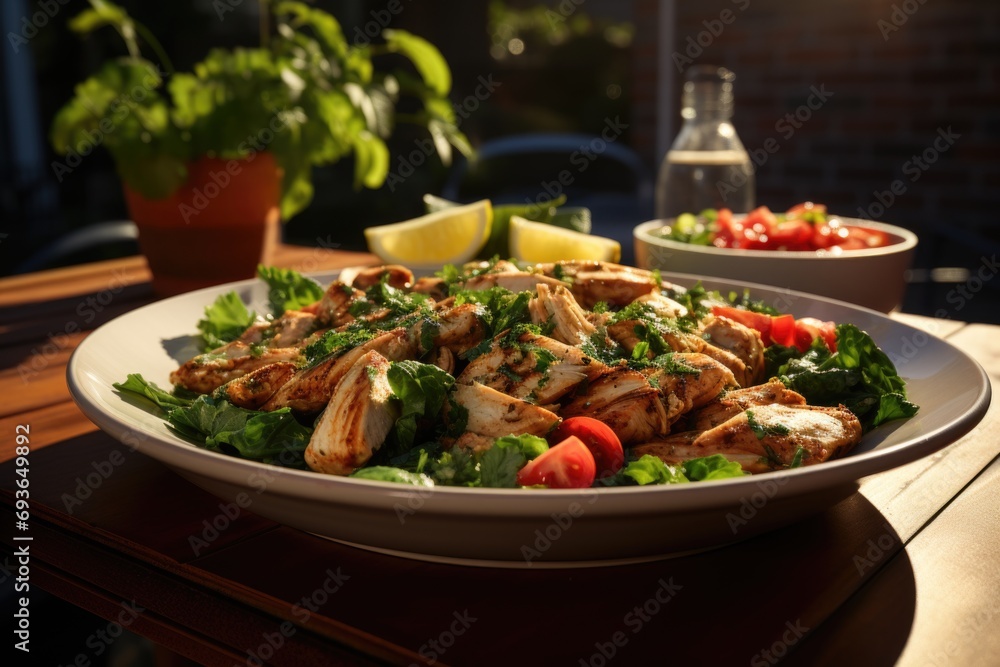 Chicken salad with spinach and sesame sauce on an outdoor table., generative IA