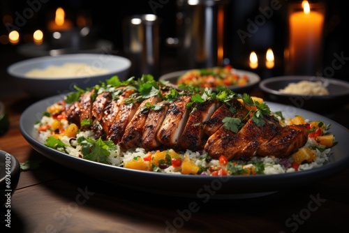 Grilled chicken breast plate with quinoa in a modern restaurant., generative IA