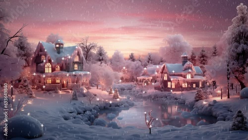 A sunny afternoon scene in a small village celebrating Christmas with heavy snowfall
