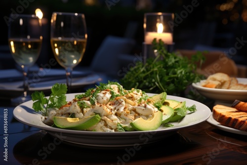 Chicken salad with avocado and yogurt sauce on an outdoor table., generative IA