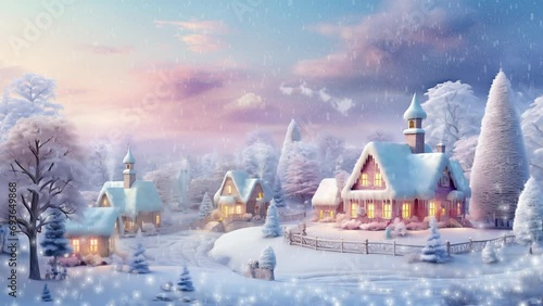 A sunny afternoon scene in a small village celebrating Christmas with heavy snowfall
