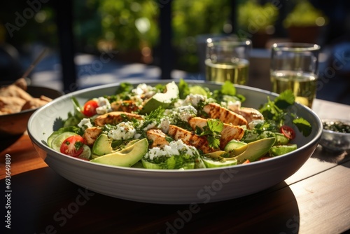Chicken salad with avocado and yogurt sauce on an outdoor table., generative IA