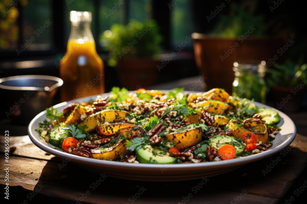 Quinoa salad with pumpkin and walnuts on a white plate in a café with garden., generative IA