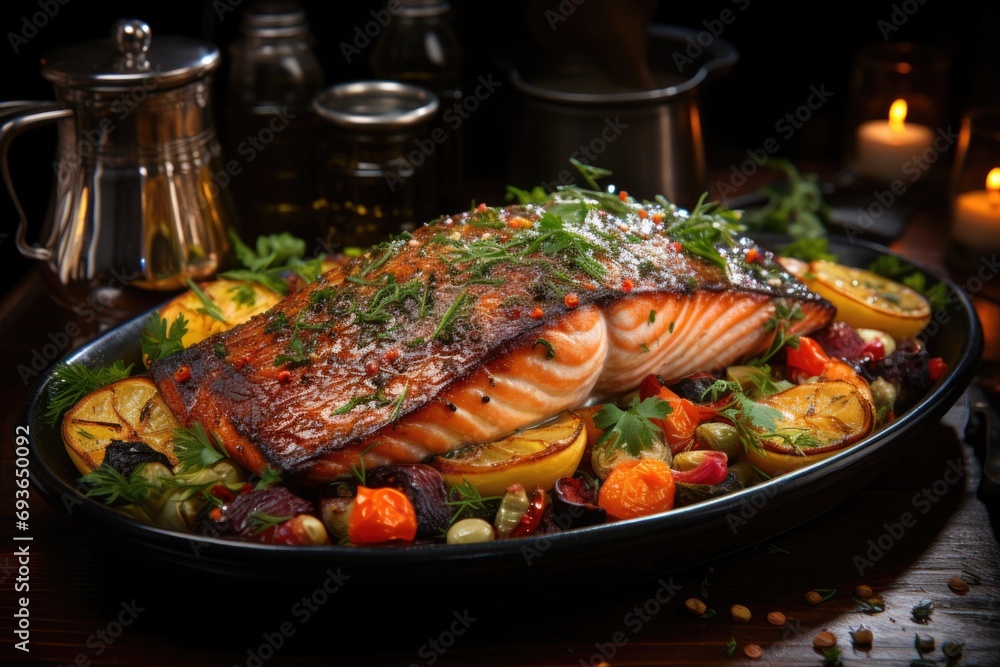 Baked salmon with grilled vegetables in a restaurant with elegant decoration., generative IA