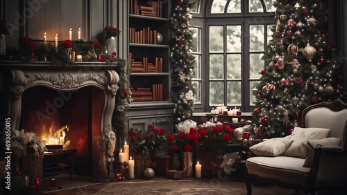 Vintage living room decorated for holidays, snowflakes falling outside, gifts arranged. Christmas atmosphere.