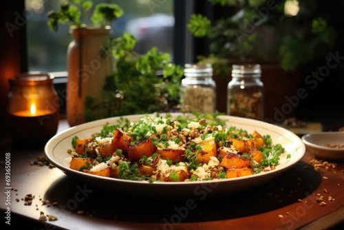 Quinoa salad with pumpkin and walnuts on a white plate in a café with garden., generative IA