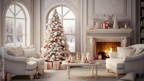 White classic Christmas and New Year interior room with fireplace, green tree decorated and chairs