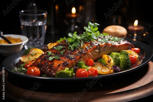 Baked salmon with grilled vegetables in a restaurant with elegant decoration., generative IA